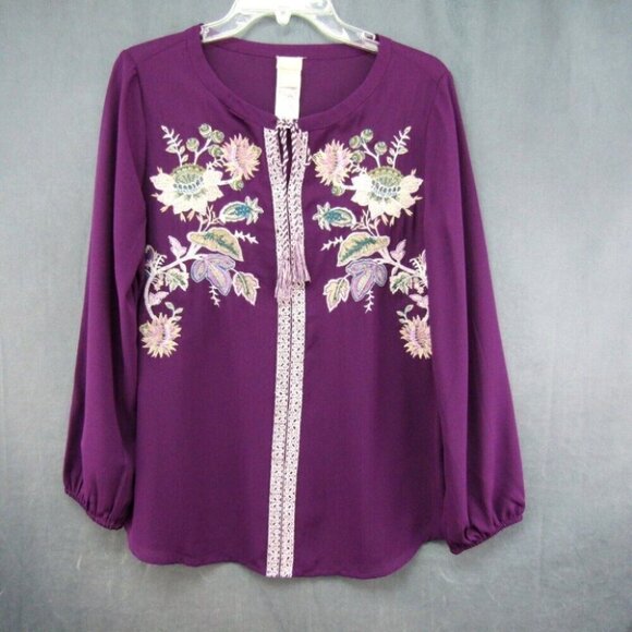 Chicos Purple Embroidered Floral Tassel Tie Front Top Size M 1 Long Sleeve - Picture 9 of 10